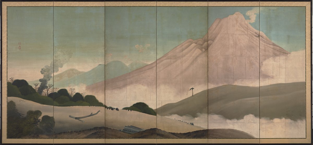 NCCJapanInfo's tweet photo. It’s Mountain Day #山の日 in Japan! 🏔️ Appreciate the majesty of these peaks by exploring this somewhat unusual 19th century folding screen of Mount Asama, painted in oil paints by Aōdō Denzen! Held by Tokyo National Museum: https://t.co/Podcc4srnV https://t.co/5J9iLTkpNJ