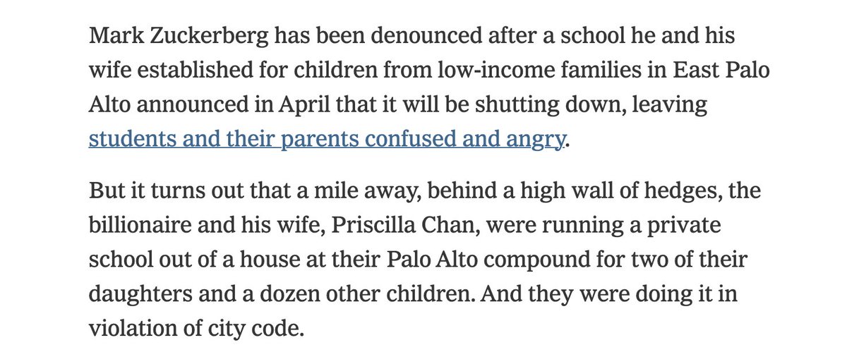 absolutely stunning: at the same time Mark Zuckerberg and Priscilla Chan pulled funding from a free school for local kids, they were running a private school for their own children out of their house