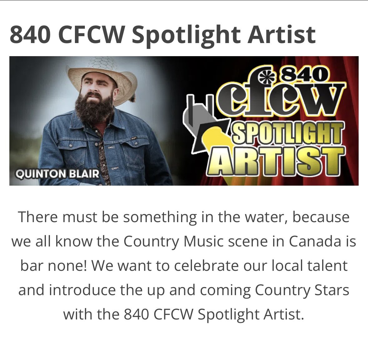 Extremely thankful to <a href="/840CFCW/">840 CFCW</a> fit having me as their spotlight artist! Be sure to listen to this amazing station! #cfcw #sameoleshift