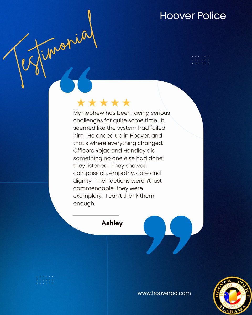 HooverPD's tweet photo. #MondayMotivation 

It's an honor to serve you, Hoover.

#hooverpd #testamonial #welovethisjob #CommunityEngagement https://t.co/4K7zn7YFtY