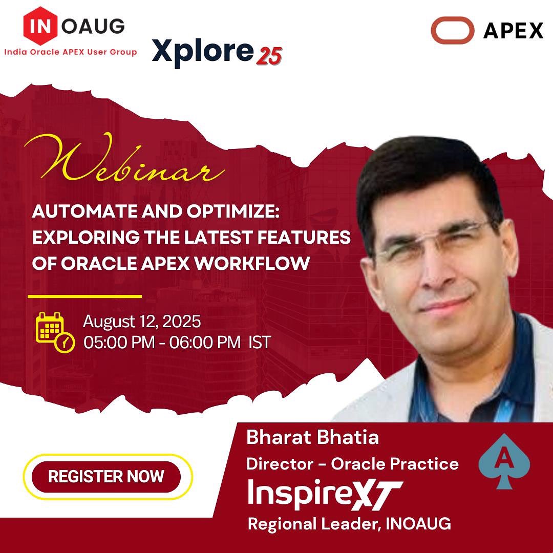⏳ 1 Day to Go!
Unlock the latest in Oracle APEX Workflow with Bharat Bhatia. Learn to automate &amp; optimize smarter—don’t miss it!
📅 Aug 12 | 🕔 5–6 PM IST | 🔗 Register: bit.ly/INOAUG_Xplore_…
#Oracle #INOAUG #LowCode #orclAPEX #AI #GenAI #OracleCloud #Hackathon