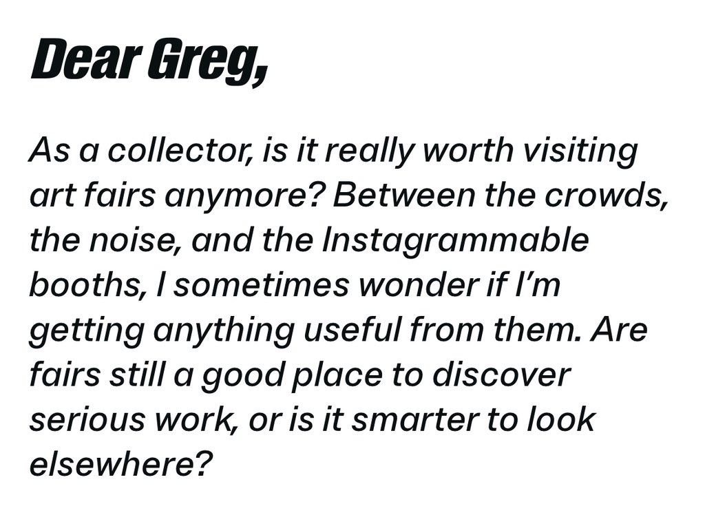 Blackbird Rook (@gregcorbeau) on Twitter photo Crowds, noise, and Instagram moments - are art fairs still worth the trek? I unpack the fatigue, the thrill, and the smarter ways to spot serious work.
plastermagazine.com/opinion/greg-r…
#ArtFairs #ArtCollecting #ContemporaryArt #ArtAdvisor #DearGreg #ArtMarket #plastermagazine Crowds, noise, and Instagram moments - are art fairs still worth the trek? I unpack the fatigue, the thrill, and the smarter ways to spot serious work.
plastermagazine.com/opinion/greg-r…
#ArtFairs #ArtCollecting #ContemporaryArt #ArtAdvisor #DearGreg #ArtMarket #plastermagazine