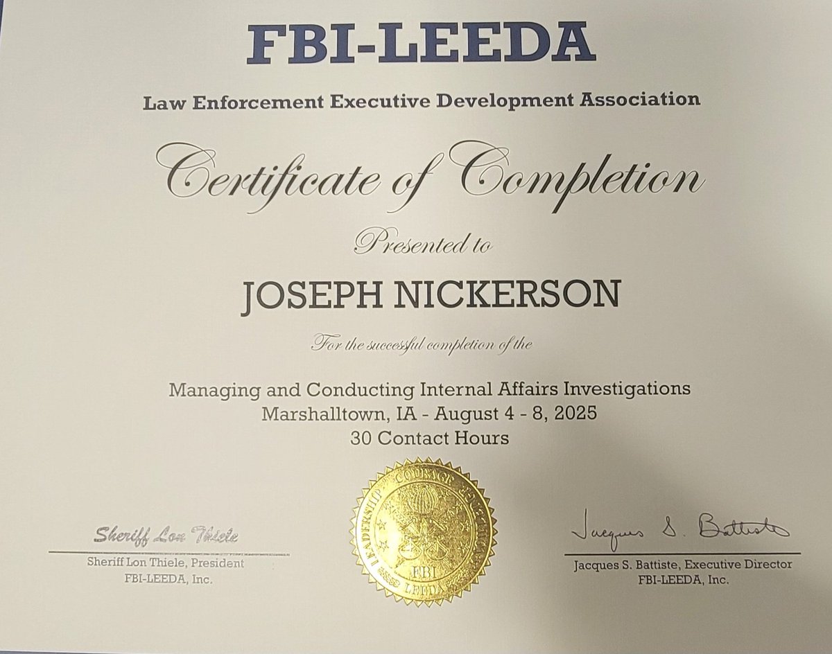 I had the opportunity to attend the <a href="/FBILEEDA/">FBI-LEEDA</a> Managing and Conducting Internal Affairs Investigations course last week, hosted by <a href="/MARSHALLTOWNPD/">MARSHALLTOWN IOWA POLICE DEPARTMENT</a>. Excellent instructors  and great discussions from peers from several agencies as well. Great learning and networking.