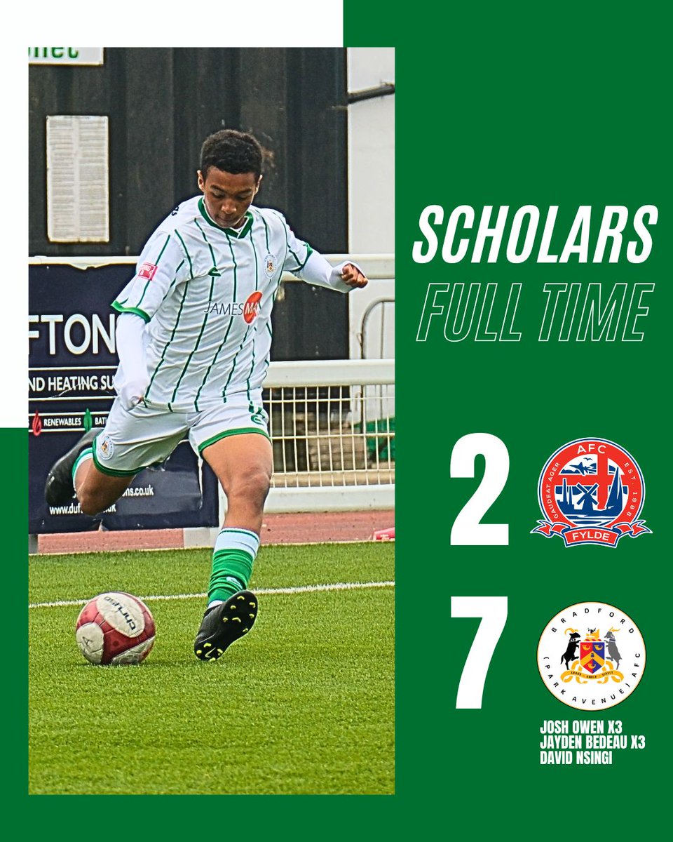 BPAFCOfficial's tweet image. FT | Scholars PSF
Fylde 2–7 Avenue
⚽ Josh (3) ⚽ Jayden (3) ⚽ David (1)

Murphy: “Not our best performance but the lads showed great attitude, adapted to different systems &amp;amp; were clinical. Winning is what matters – we’re building a winning culture.”

#Bradford #ParkAvenue #FEP