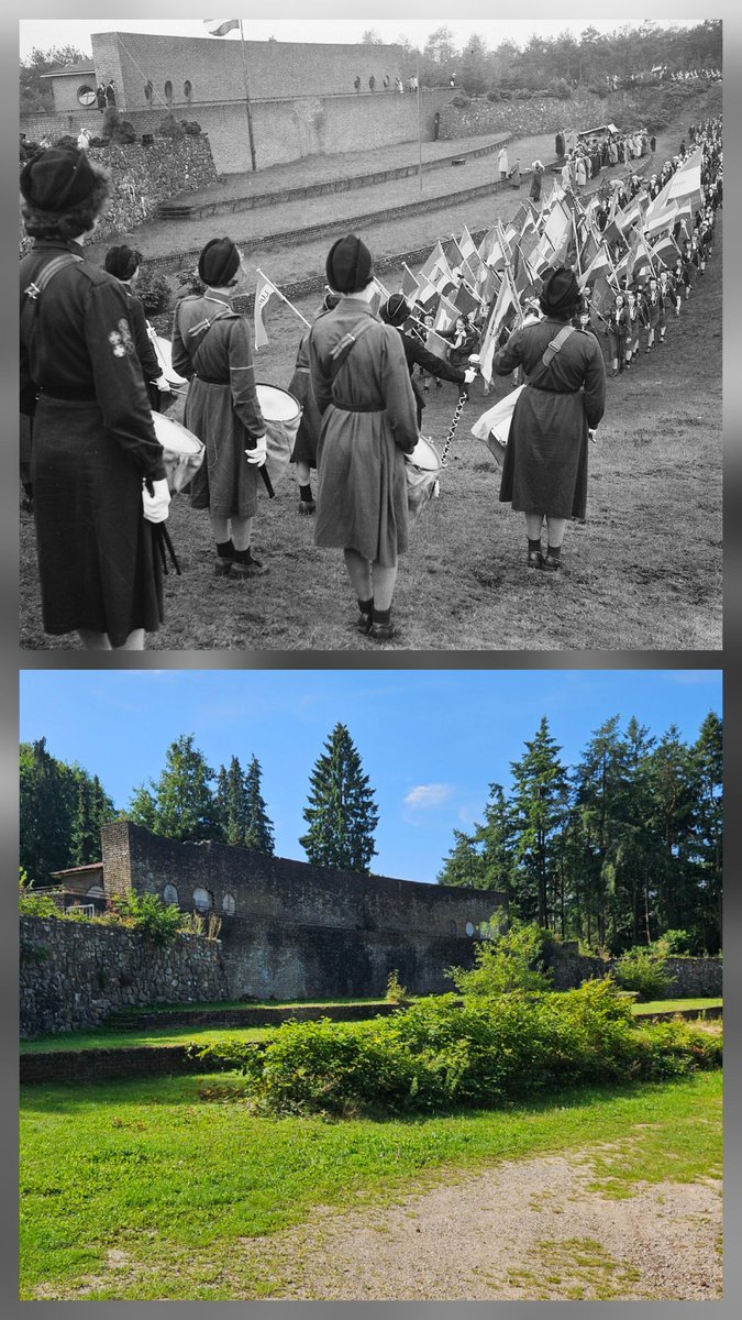 Romaboy68's tweet photo. "De muur van Mussert" en het congresterrein, is precies op het middelpunt van #Nederland gelegen. Hier werden tijdens de '40-'45 oorlog, de zogenaamde Hagespraken gehouden. De NSB noemde het hun Nationaal Tehuis. #WW2 #WWII #Thenandnow #History #Mussert #Lunteren #Geschiedenis https://t.co/OqoawhAo37