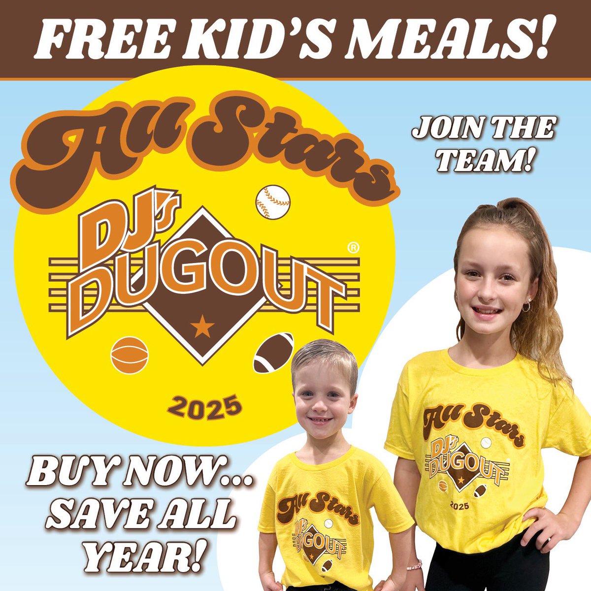 Want FREE kids meals for the rest of 2025? Make your kiddo a DJ's Dugout All Star!
1) Purchase a Kid's Meal at full price.
2) Add a DJ's Dugout All Stars T-Shirt for $10.
3) Enjoy FREE Kid's Meals for the rest of 2025!

See full details &amp; rules here: djsdugout.com/allstars/