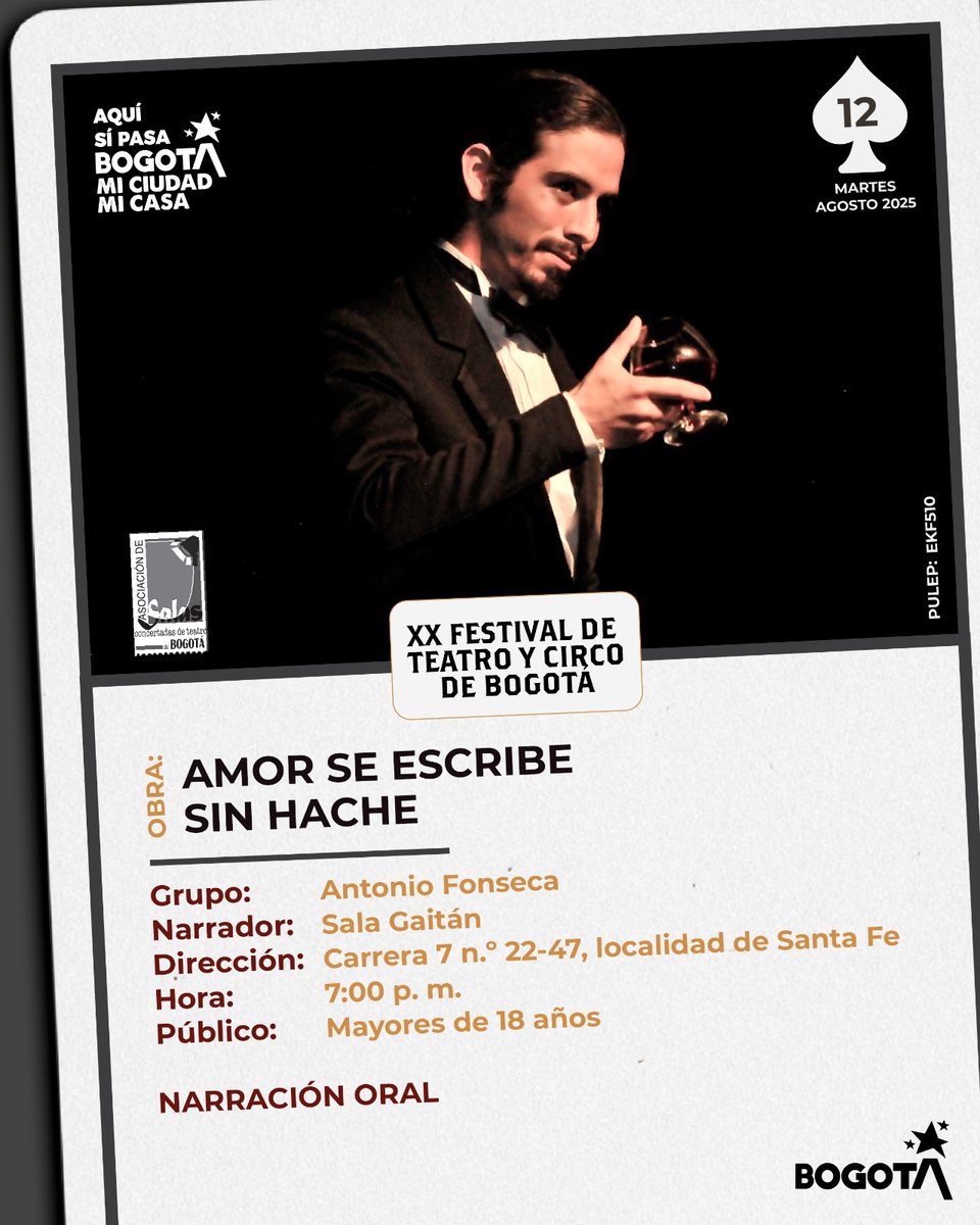 Cuenteria's tweet photo. Esta semana #Cuentería
* Ln 11: Nicolás - Amigos en el tiempo
* Mt 12: Antonio - Amor se escribe sin hache
* Mc 13: Fredy - El semáforo
🗓️ Ago 11-12-13
📍 Sala Gaitán - Kra 7 #22-47
🕖 7pm
🎟️ #EntradaLibre
#Cuentos #Historias #Cuenteros #NarraciónOral #Teatro #Bogotá https://t.co/vywPnEEDMG