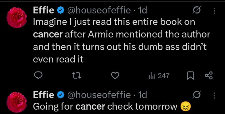 Houseofeffie allegedly reads a book from an author Armie mentioned on his podcast. Next day she's like: this book gave me cancer 🤡