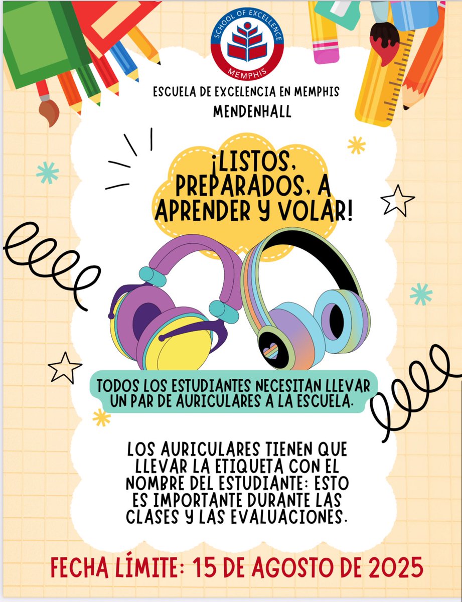 MSEMendenhall's tweet photo. Please remember all students are required to have a pair of headphones for school. 🎧

The deadline is this Friday, August 15th. https://t.co/3c7fo3zOB9