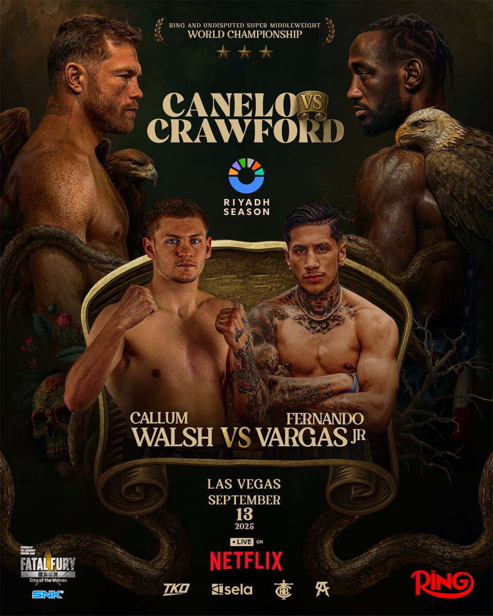 𝕵𝖚𝖘𝖙 𝖆𝖓𝖓𝖔𝖚𝖓𝖈𝖊𝖉: Irish Super Star <a href="/KINGCALLUMWALSH/">KING CALLUM WALSH</a> (14-0, 11KO’s) vs Fernando Vargas Jr (17-0, 15KO’s) Someone’s O has got to go on Saturday September 13 live on <a href="/netflix/">Netflix</a> from the <a href="/AllegiantStadm/">Allegiant Stadium</a> 
<a href="/zuffaboxiing/">Zuffa Boxing</a> <a href="/ufc/">UFC</a> <a href="/danawhite/">danawhite</a> 

#CaneloCrawford #WalshVargas