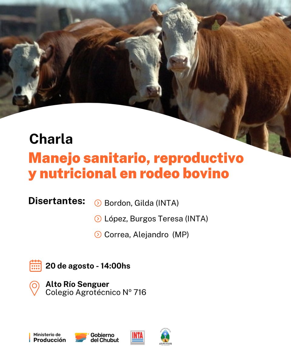 📢#Charla productores Bovinos
👉 “Manejo sanitario, reproductivo y nutricional en rodeo bovino”
🗓️ 20 de agosto
⏰14:00 hs.
📍Alto Río Senguer, Colegio Agrotécnico N° 716,
¡No te lo pierdas! Sumate y potenciá tu producción ganadera 📷
 #Capacitación #ProducciónRural #INTA