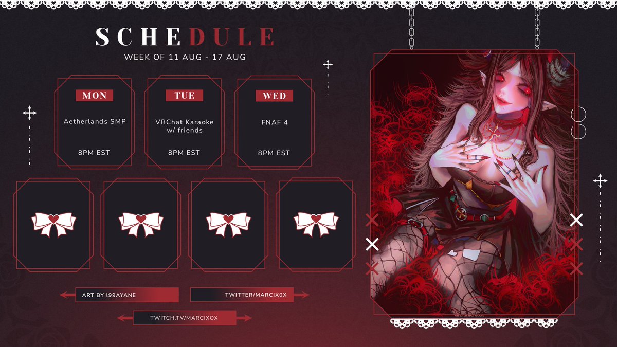 08/11 - 08/17 SCHEDULE

fall classes start next monday so i will be tweaking my streaming schedule this sem!

also setting up my own pc space in the guest room so hopefully more weekend streams :-D can't wait to show yall when its finished!

have a great week!❤️