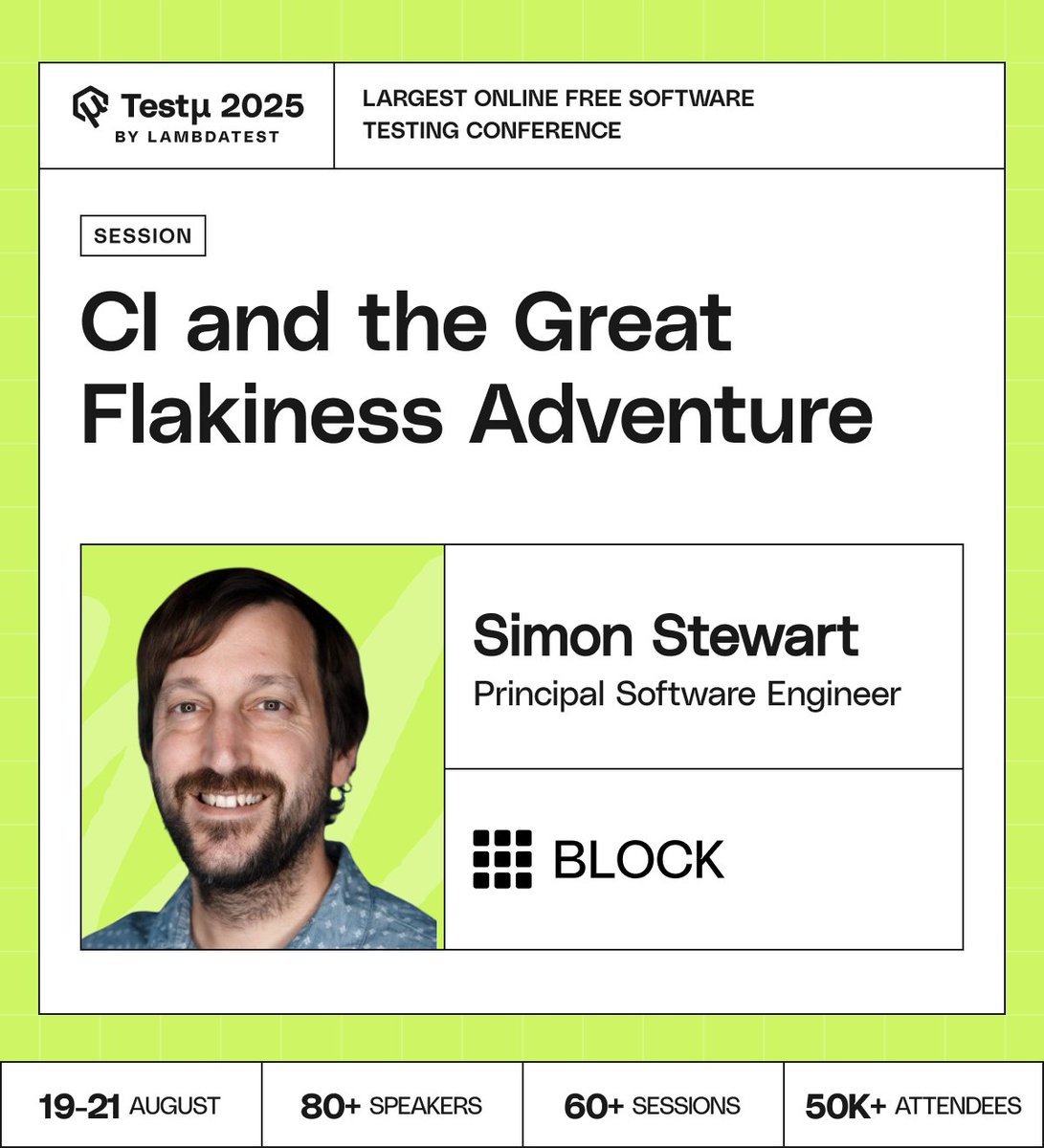 LambdaTest (@lambdatesting) on Twitter photo Tired of flaky tests ruining your CI builds? Get that off your list with <a href="/shs96c/">Simon Mavi Stewart</a>, Principal Software Engineer, <a href="/blocks/">Block</a>, as a speaker at #TestMuConf 2025 🔗 bit.ly/TestMUConferen…
In his session, Simon will dive into the challenges of #FlakyTests and how they undermine trust in Tired of flaky tests ruining your CI builds? Get that off your list with <a href="/shs96c/">Simon Mavi Stewart</a>, Principal Software Engineer, <a href="/blocks/">Block</a>, as a speaker at #TestMuConf 2025 🔗 bit.ly/TestMUConferen…
In his session, Simon will dive into the challenges of #FlakyTests and how they undermine trust in