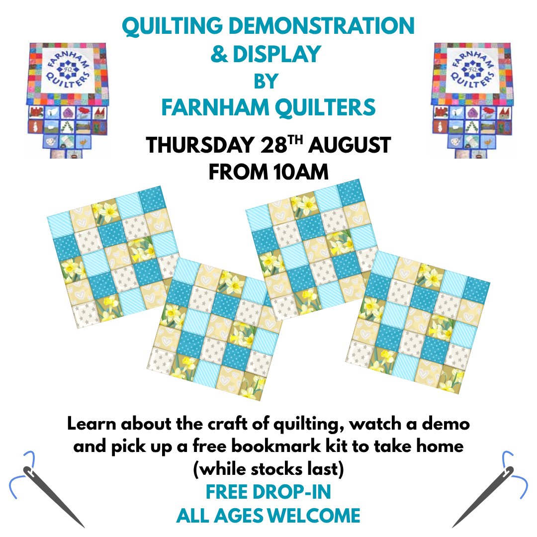 FarnhamLibrary's tweet image. Join us and the Farnham Quilters for a quilting demonstration and display at 10am on Thursday 28th August 🧶

Learn about the craft of quilting, watch a demo and pick up a free bookmark kit to take home (while stocks last).

@FarnhamCraft #FarnhamQuilters #FarnhamLibrary