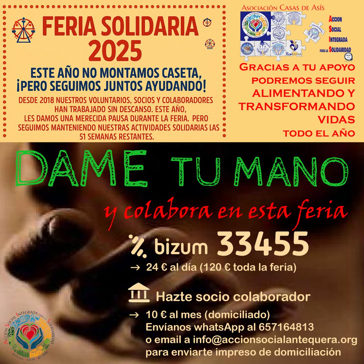 AntequeraSocial's tweet photo. FERIA SOLIDARIA 2025.Este año no montamos caseta en la feria, pero seguimos más unidos que nunca para alimentar y transformar vidas.
Desde 2018, nuestros voluntarios, socios y colaboradores han trabajado sin descanso. En esta feria, les damos un merecido descanso… https://t.co/0MaAQ8VtvA