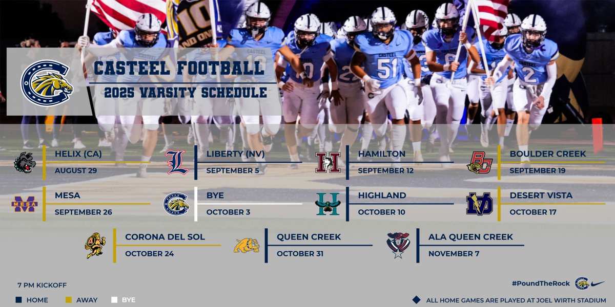 2025 Varsity Football Schedule
#PoundTheRock
<a href="/JoeBushman5/">Joe Bushman</a> <a href="/CasteelAthletic/">Casteel Athletics</a> 
📸: <a href="/AriannaGrainey/">Arianna Grainey</a>
