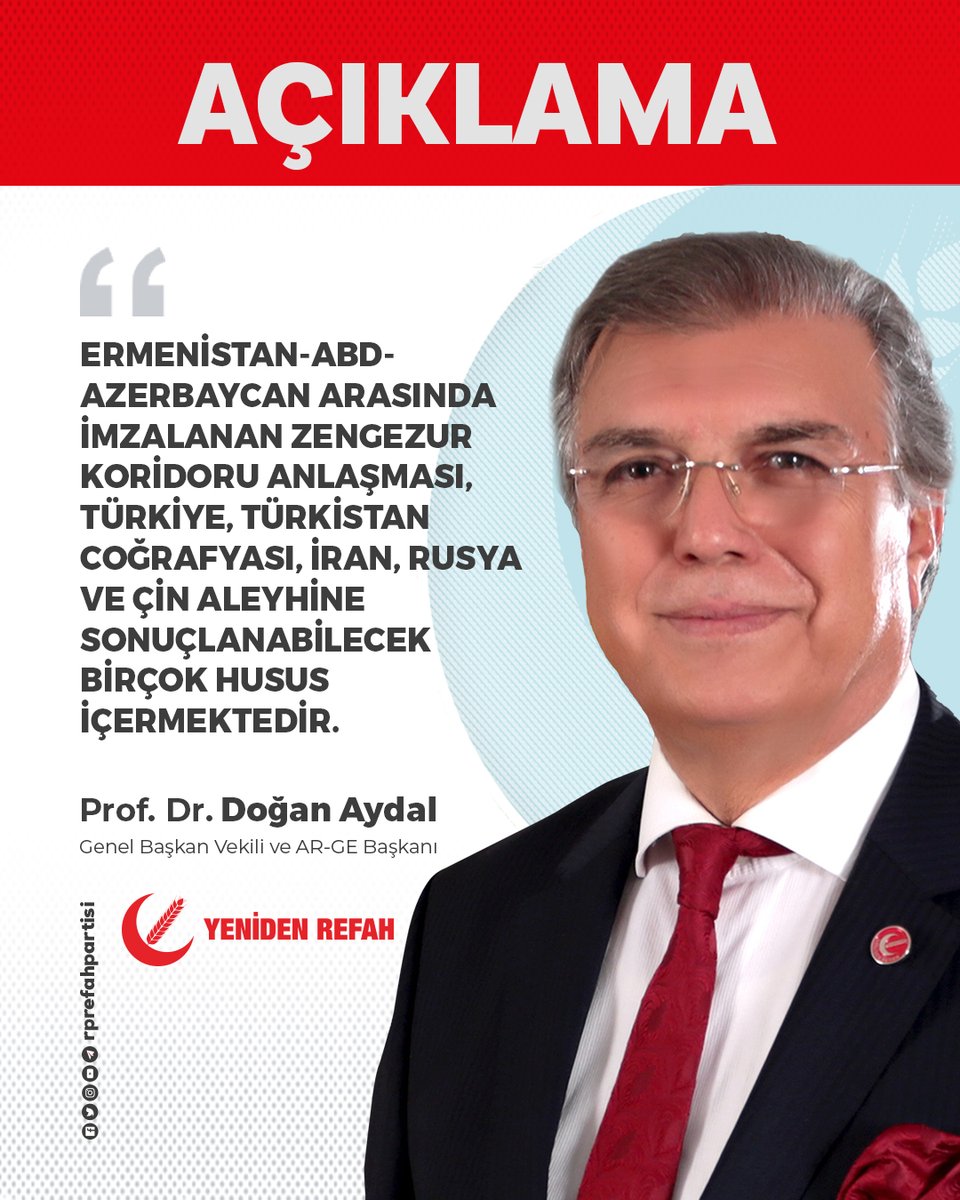 Genel Başkanı Vekilimiz Prof. Dr. Doğan Aydal: “Ermenistan-ABD-Azerbaycan Arasında İmzalanan Zengezur Koridoru Anlaşması, Türkiye, Türkistan Coğrafyası, İran, Rusya ve Çin Aleyhine Sonuçlanabilecek Birçok Husus İçermektedir.” başlıklı açıklamasına internet sitemizden