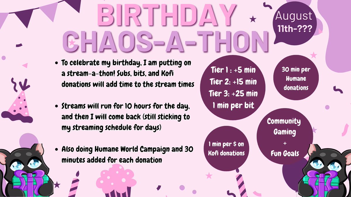 A member of our amazing team <a href="/panthergal2018/">Panthergal2018 🐈‍⬛</a> is live with her birthday subathon event AND raising funds for <a href="/humaneworldorg/">Humane World for Animals</a> as well!

Go celebrate with her and cause chaos as you add time to her timer as well! twitch.tv/panthergal2018