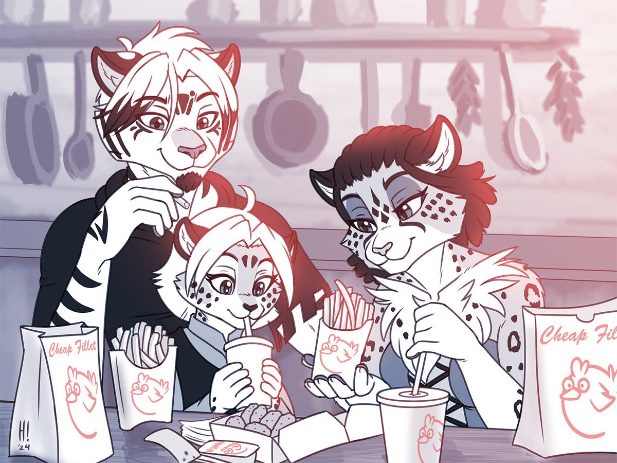 A while ago McDonalds Japan put out a cute anime-style advertisement showing a cute family enjoying a meal together, and the idea popped into my head that I could redraw it with Adira, Maeve and Harry. It's a nice little mood booster. n.n