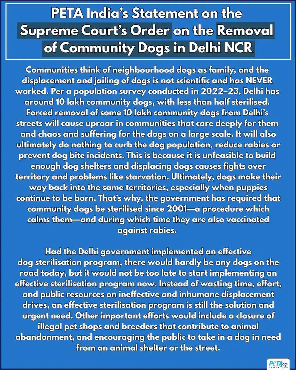 jolly_yours's tweet photo. An utterly cruel Supreme Court order on stray dogs- effectively a death sentence for every single stray in Delhi. It must be challenged and overturned without delay.

#CommunityAnimals #Delhi #SupremeCourt #AnimalRights #PETAIndia https://t.co/F3CEUqi3mB