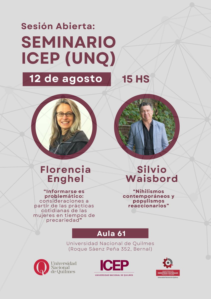bernacali's tweet image. Mañana tendremos seminario abierto con el equipo del @CentroICEPUNQ con la presencia de @FlorMsca y @silviowaisbord 🙌🏻

¡Quedan invitados/as!

📍@UNQoficial