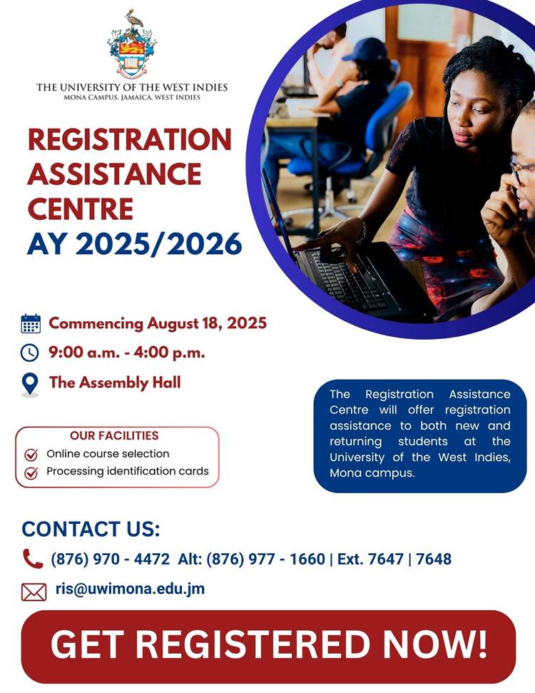 Do you need assistance with registering for the upcoming academic year?

Visit the Registration Assistance Centre on August 18, 2025, from 9:00 a.m. to 4:00 p.m. at the Assembly Hall for a hassle-free registration process for the 2025/2026 academic year!

#doha #uwi #uwimona