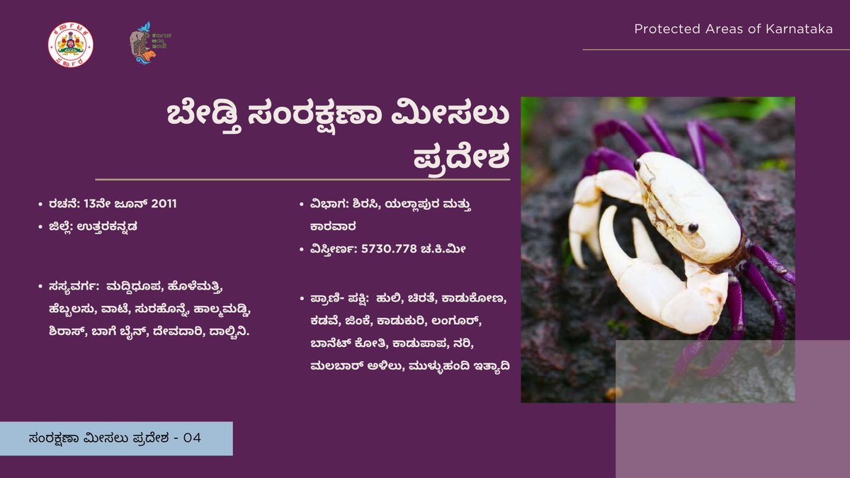 aranya_kfd's tweet photo. ಕರ್ನಾಟಕದ ಬೆಡ್ತಿ ನವಿಲು ಸಂರಕ್ಷಣಾ ಮೀಸಲು ಪ್ರದೇಶದ ಸಂಕ್ಷಿಪ್ತ ಪರಿಚಯ ಇಲ್ಲಿದೆ.

Here's a brief introduction to Bedti Conservation Reserve.

#KFDPAseries #ProtectedAreas #Karnataka #Conservationreserve #UttaraKannada #Bedti https://t.co/23s2DVPB4E