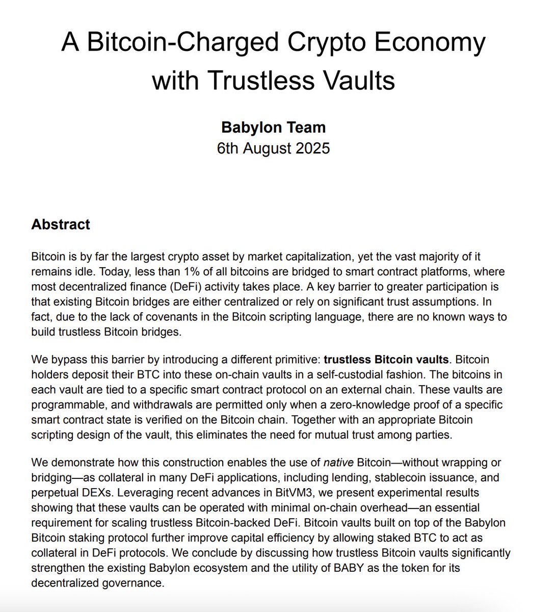 [WHITEPAPER]

More than 99% of Bitcoin remains idle, disconnected from the rapidly growing DeFi ecosystem worth $231 billion.

This isn't due to a lack of interest. It's due to a lack of trust.

Every existing solution requires trusting committees, operators, or custodians.