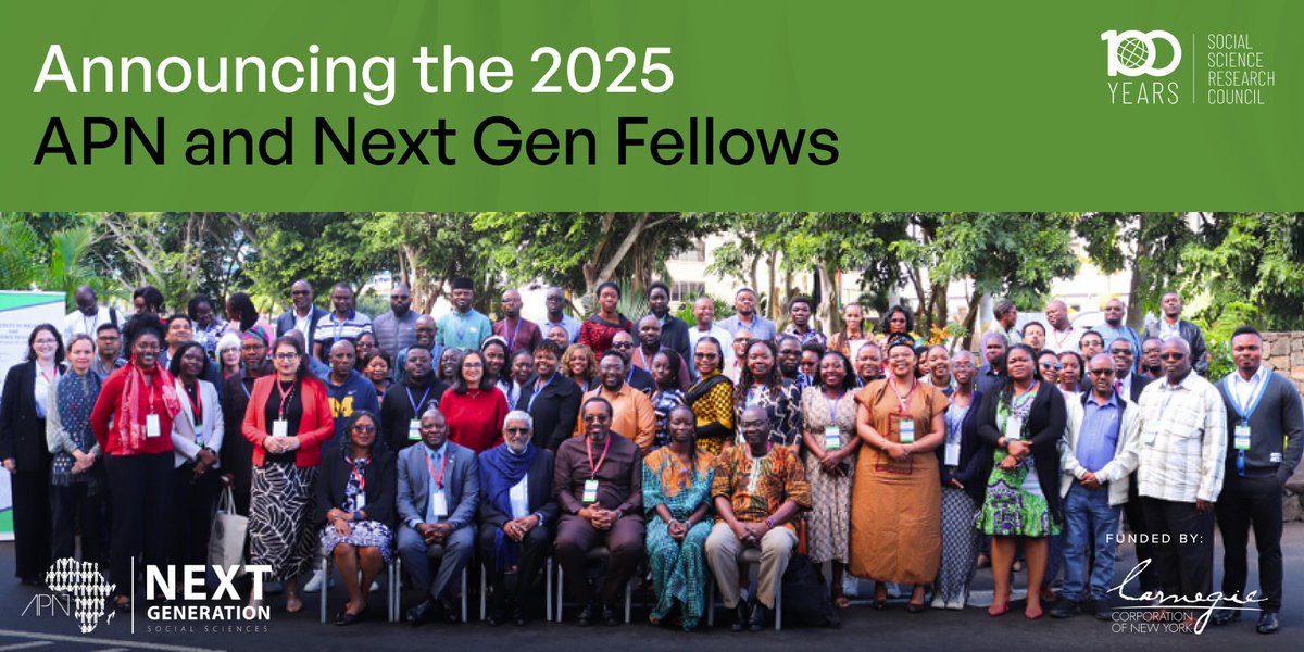 SSRC_APDD's tweet photo. The @ssrc_org is excited to announce the 2025 cohort of fellows for the @APN_SSRC and @NextGenAfrica program: https://t.co/55KaV9pBjY.

We thank @CarnegieCorp (CCNY) for their generous funding of our program.

#APN #NextGen #AfricanPeacebuilding https://t.co/oefB2qjzue