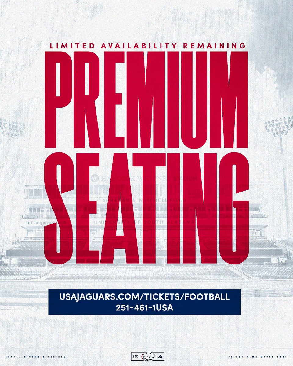SouthAlabama's tweet photo. A limited number of premium seats are still available for the 2025 @SouthAlabamaFB season. Get them before they're gone‼️

🎟️ https://t.co/cPiNJZxfVz https://t.co/C9jUqvetcW