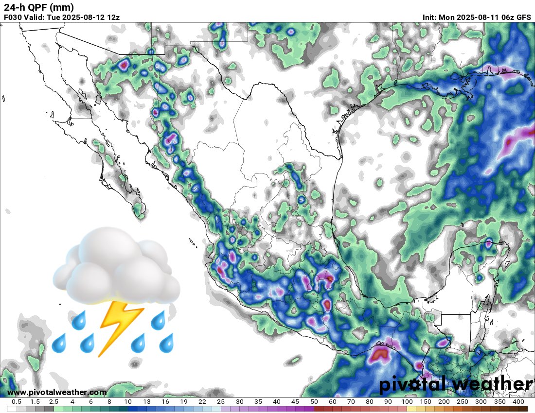 InfoMeteoro's tweet photo. ⚠️PRONÓSTICO LUNES 11/AGO/2025

🚨PRECAUCIÓN, SEGUIRÁN INTENSAS LLUVIAS‼️

🔴⛈️TORMENTAS/LLUVIAS FUERTES (MAYOR EXTENSIÓN, GRANIZO)
-Pue, Hgo, Tlax, EdoMex, CDMX, Mor, Jal, Mich, Gro, Oax, Chis, Sierra Madre Occidental

🌦️DISPERSAS (FUERTES C/GRANIZO, MENOR EXTENSIÓN)
-Camp, Yuc, QRoo, Tab, Ver, NL, Tamps, Coah, SLP, Zac, Ags, Gto, Qro, Nay, Col, Sin, Dgo, Son, Chih, BCS, BC

🌡️AMBIENTE DIURNO☀️
😌Fresco/templado 15-25ºC centro
😅Templado/caluroso 26-35ºC Altiplano, oriente, occidente, Pacífico Sur, Bajío
🥵Muy Caluroso 36-44ºC noroeste, norte, noreste, sureste

🌬️FUERTES RÁFAGAS de viento en estados del norte, Altiplano y especialmente en tormentas…