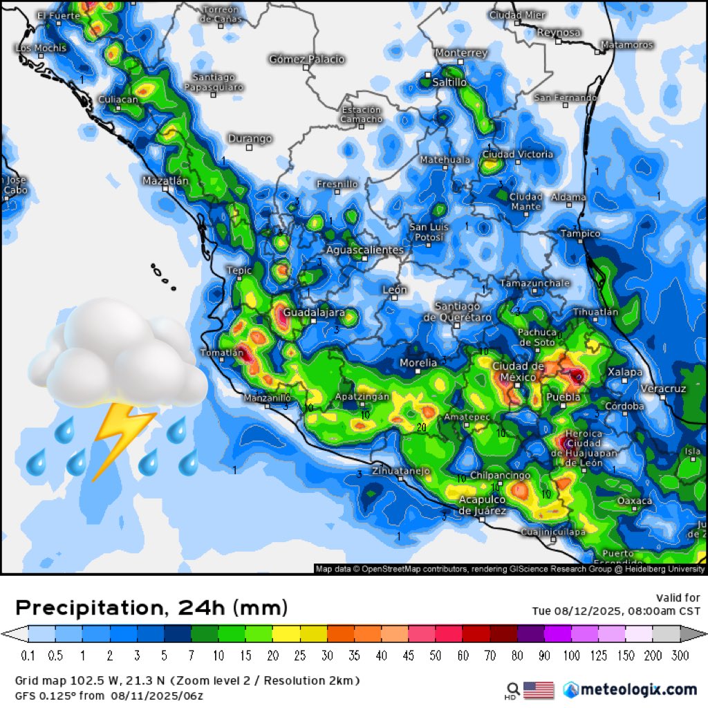 InfoMeteoro's tweet photo. ⚠️PRONÓSTICO LUNES 11/AGO/2025

🚨PRECAUCIÓN, SEGUIRÁN INTENSAS LLUVIAS‼️

🔴⛈️TORMENTAS/LLUVIAS FUERTES (MAYOR EXTENSIÓN, GRANIZO)
-Pue, Hgo, Tlax, EdoMex, CDMX, Mor, Jal, Mich, Gro, Oax, Chis, Sierra Madre Occidental

🌦️DISPERSAS (FUERTES C/GRANIZO, MENOR EXTENSIÓN)
-Camp, Yuc, QRoo, Tab, Ver, NL, Tamps, Coah, SLP, Zac, Ags, Gto, Qro, Nay, Col, Sin, Dgo, Son, Chih, BCS, BC

🌡️AMBIENTE DIURNO☀️
😌Fresco/templado 15-25ºC centro
😅Templado/caluroso 26-35ºC Altiplano, oriente, occidente, Pacífico Sur, Bajío
🥵Muy Caluroso 36-44ºC noroeste, norte, noreste, sureste

🌬️FUERTES RÁFAGAS de viento en estados del norte, Altiplano y especialmente en tormentas…