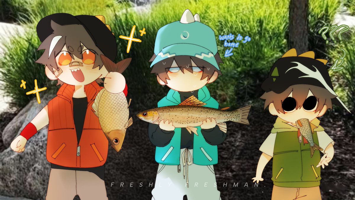 freshlyfreshman's tweet photo. Birthday art for yesterday idk what to draw so they went fishing https://t.co/vVkiWvUSHQ