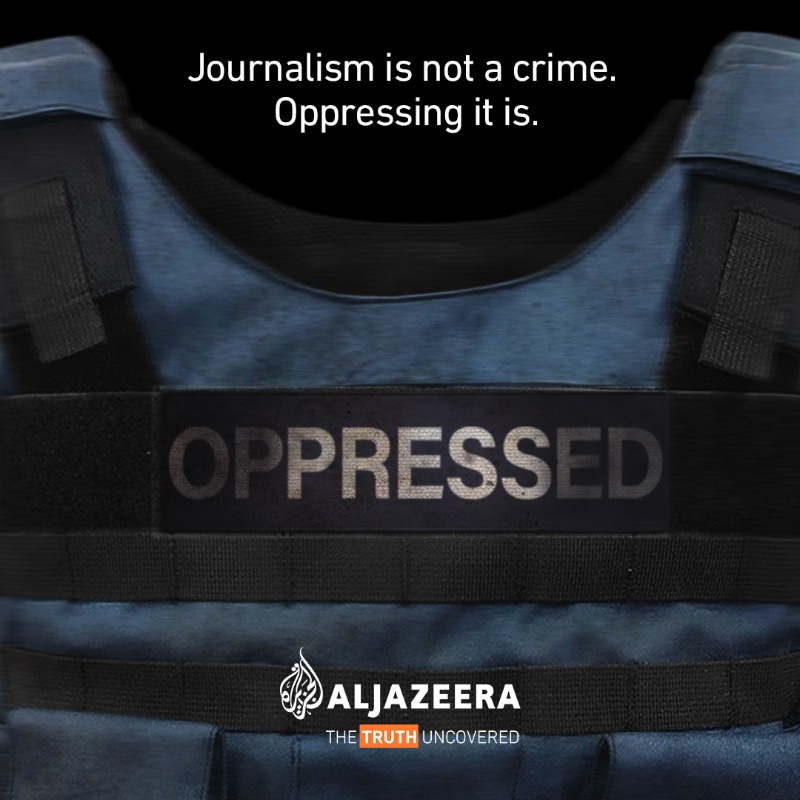 AJEnglish's tweet photo. Silencing journalism is a crime. Al Jazeera remains committed to being the voice of the voiceless, reporting the truth as it unfolds on the ground.