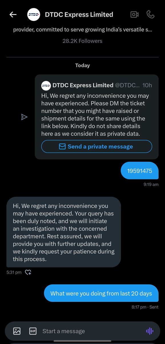 MastMusaffir's tweet photo. @DTDCIndia @DTDCBangalore What were you doing for last 20 days 
And even the @jagograhakjago is sleeping from last 4 days after registration of grievance https://t.co/VCka0hbOpC