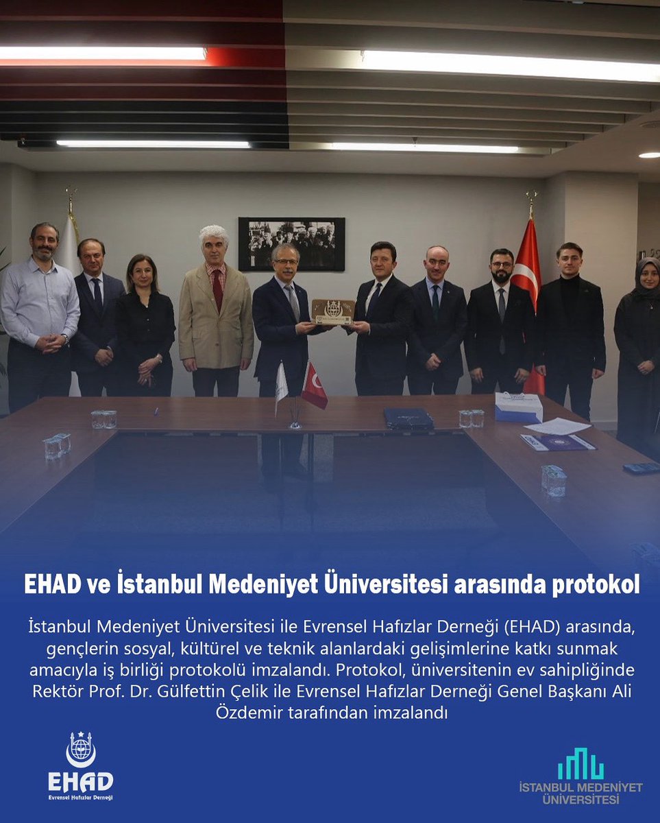 ✍️İstanbul Medeniyet Üniversitesi ile Evrensel Hafızlar Derneği (EHAD) arasında, gençlerin sosyal, kültürel ve teknik alanlardakigelişimlerine katkı sunmak amacıyla iş birliği protokolü imzalandı. 

📌Protokol, üniversitenin ev sahipliğinde Rektör Prof. Dr. Gülfettin Çelik ile