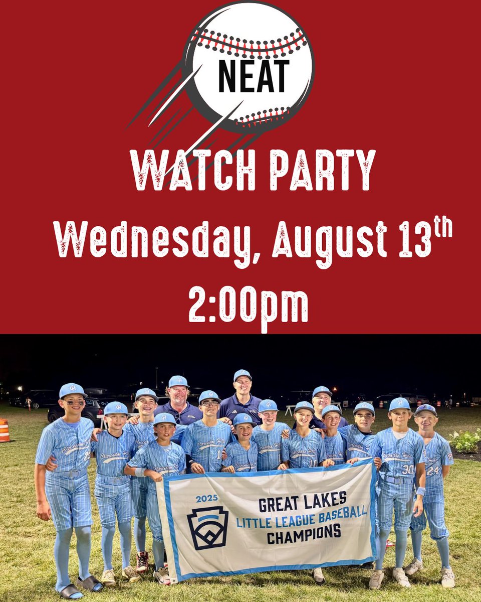 Watch Party Alert!
Congratulations @clarendonhillslittleleague on advancing to the Little League World Series!  Looking for a place to cheer on the team? NEAT has you covered! 
11am Pre-Game 🥳
2pm Gametime ⚾️
$20 Burger &amp; Beer  🍔➕🍺
$10 Grand Slam Specialty Cocktail🍹