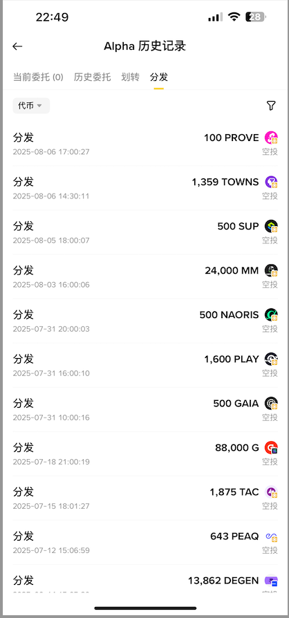easytoairdrop's tweet photo. #币安Alpha百文大赛
从误会到收获——我与 Alpha 的 100+ 期旅程
刚遇到 币安 Alpha 时，我以为它只是个随机空投活动。 “靠运气的事，八成跟我没关系。” 于是最初的几期，我只是偶尔瞥一眼，错过了很多机会。
直到社区里有人开始热烈讨论：“Alpha 好像不是完全随机的！” 有人分析空投条件，有人整理获奖用户特征，这勾起了我的好奇心。我开始翻历史记录、对比别人的经验，像解谜一样揣摩下一期的参与方式。那段时间，每次 Alpha 公布结果，我都和朋友一起研究规律。
后来，Alpha 推出了 Alpha 积分，一切变得更清晰——积分越多，机会越多。 我开始每天打开钱包参与交易刷分，看着数字一点点上涨，就像在跑一场有目标的长跑。
如今回看这张 历史分发记录，从最初的试探到现在的稳定参与，已经收获了一个个真实的空投：
这些数字背后，是我与 Alpha 一起走过的旅程：从“不在意”到“用心参与”，再到如今期待每一次更新的惊喜。 下一个 100 期，我还在路上。