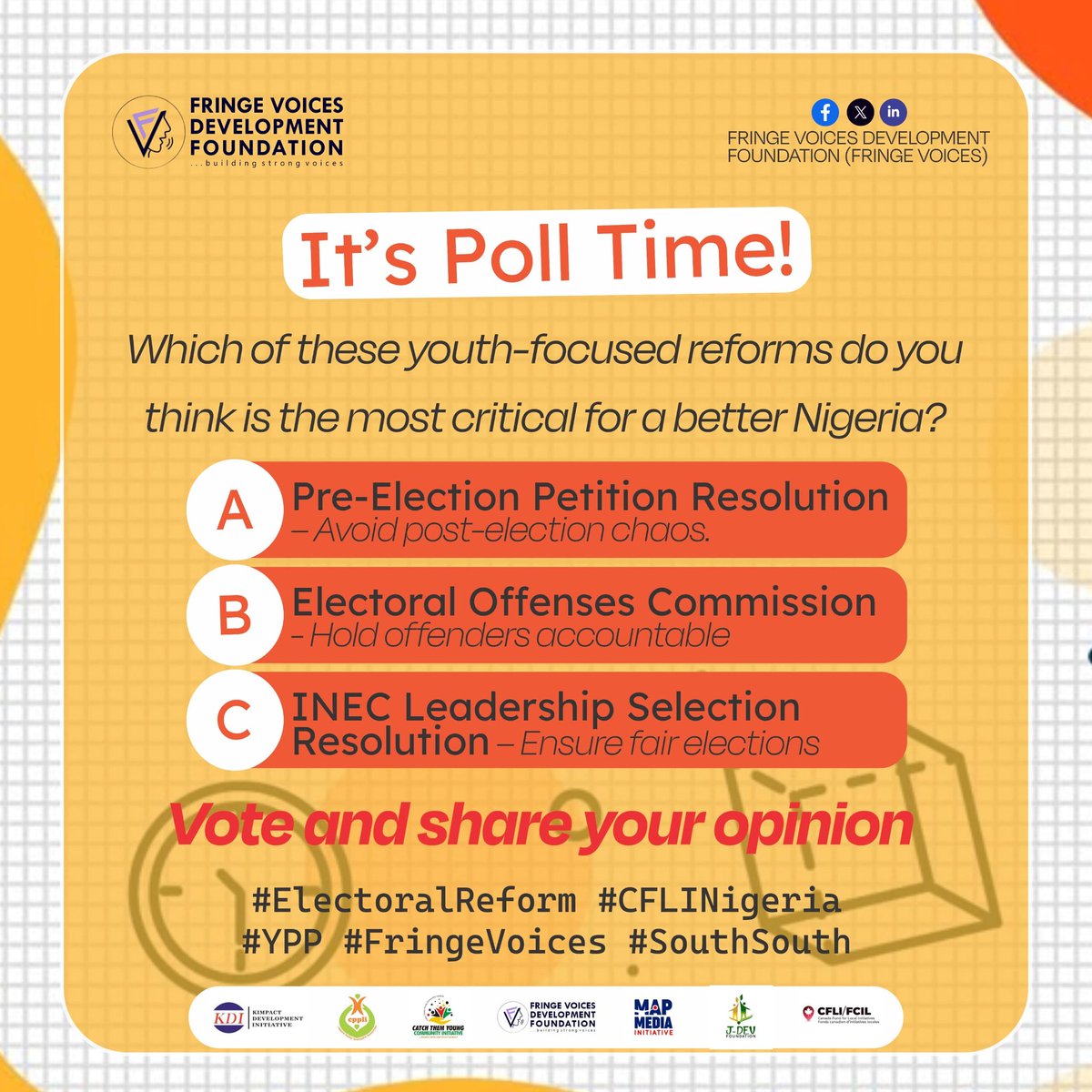 EjitJosiah's tweet photo. It's Poll Time ...

Tell us!

@FVDFOUNDATION @mapdiafrica 
#FringeVoices #YPP #CFLINigeria #SouthSouth #ElectoralReform https://t.co/TcSIMJklCV