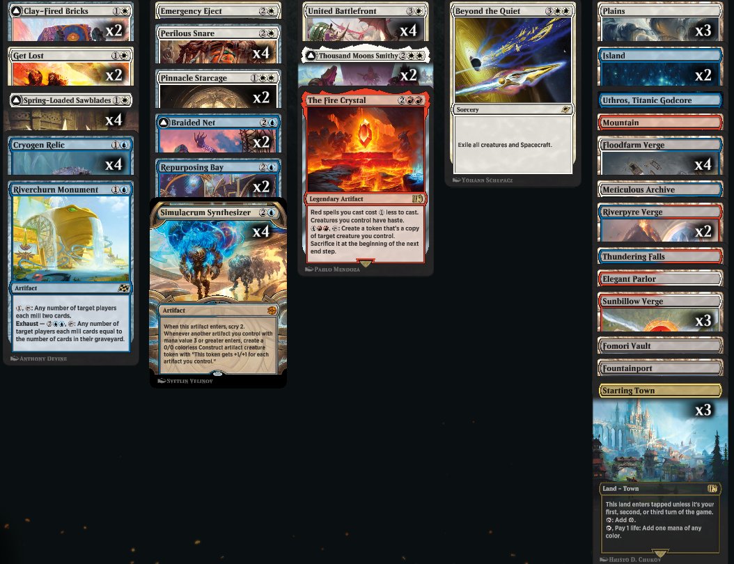 Senpaivila's tweet photo. Doing the run to mythic with my most loved deck i'm currently at a 81% WR with a Synthesizer control. 
Trying this version with a Riverchurn as a way to beat GY matters decks, it can also be sacrificed to find the Synthesizer
@fireshoes 
@MTGdecks https://t.co/fM5eHF64Us