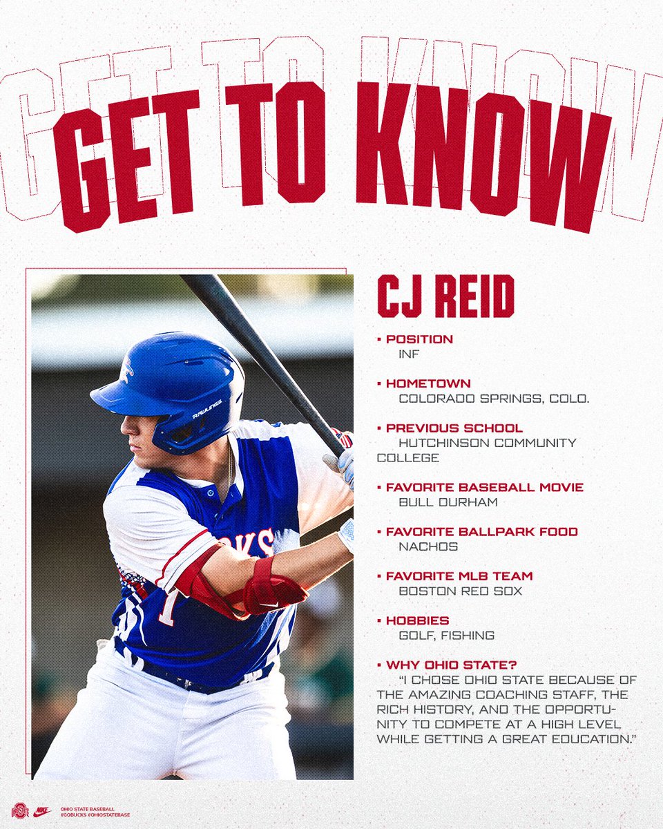 Ohio State Baseball (@ohiostatebase) on Twitter photo Getting back into our "Get to Know" series today with <a href="/cjreid20/">CJ Reid</a>! CJ was a .358 career hitter at Hutchinson Community College and was a two-time KJCCC All-Conference selection!
#GoBucks Getting back into our "Get to Know" series today with <a href="/cjreid20/">CJ Reid</a>! CJ was a .358 career hitter at Hutchinson Community College and was a two-time KJCCC All-Conference selection!
#GoBucks