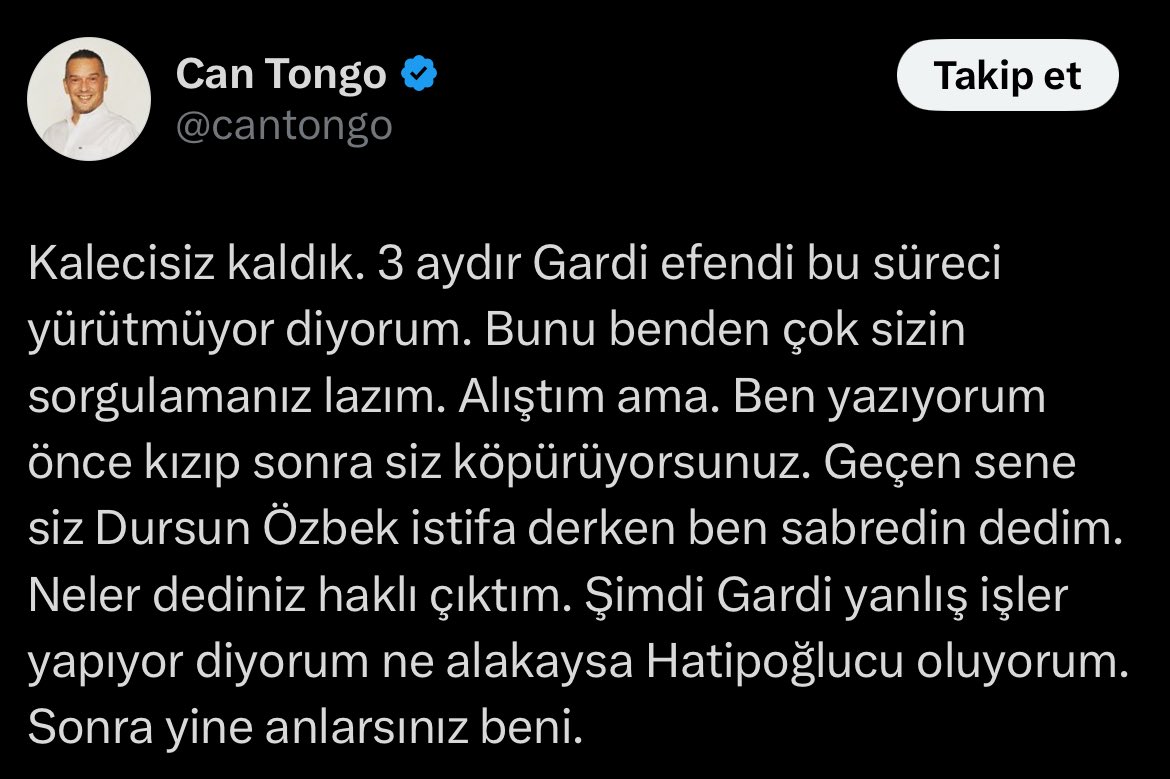 Bakın bu Galatasaray düşmanlığıdır. Bu terbiyesizliktir. Şimdi ne yapalım Osimhen, Sane, İcardi, Mertens, Torreira getiren adamı sen diyorsun diye kapıya atıp, Cuesta, Jelert çeken transfer sihirbazı Hatipoğlu’na mı biat edelim ? Sn. Hatipoğlu, Abdullah Kavukçu nefretinizi