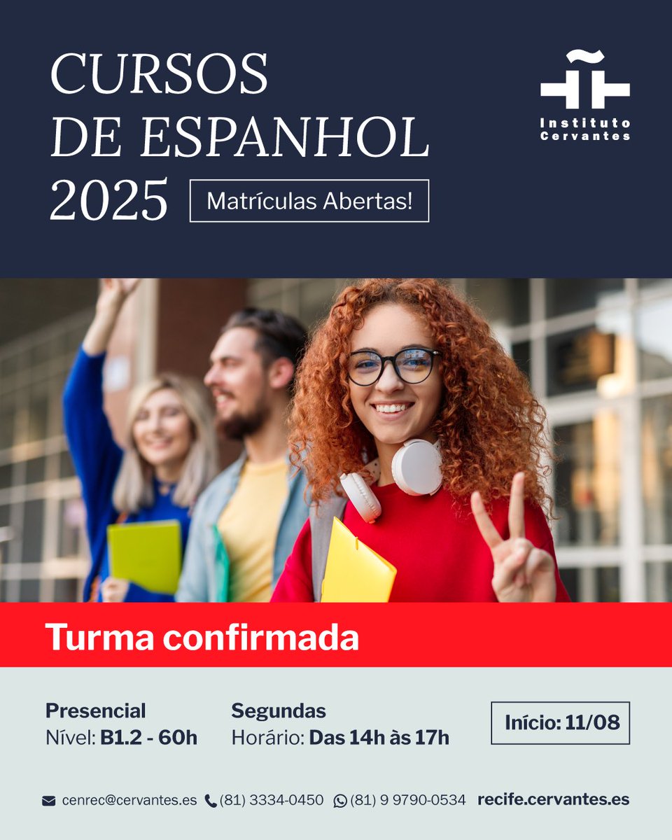 📌Cursos de espanhol #Agosto2025 ✅Matrículas abertas!
☑️ B1.2 PRESENCIAL (60h) #TURMACONFIRMADA
🟢 SEGUNDAS
➡️ Início no dia 11/8
➡️ Duração: 3h
⏰Das 14h às 17h
🔸Aprenda espanhol no seu ritmo!

cenrec@cervantes.es
81 99790-0534
R. de São Jorge, 240
Edf. Moinho/Bairro do Recife