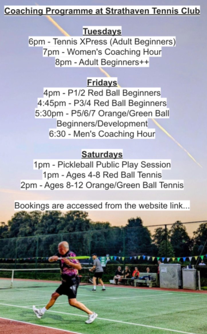 🎾☀️😁🎾☀️😁🎾☀️😁🎾☀️😁🎾☀️

Strathaven Community Tennis Club is delighted to announce the launch of its new coaching programme.

🎾☀️😁🎾☀️😁🎾☀️😁🎾☀️😁🎾☀️

Clubspark / Strathaven LTC / Tennis &amp; Pickleball Sessions at Strathaven Community Tennis Club share.google/ajLF9lD6xyrSUu…