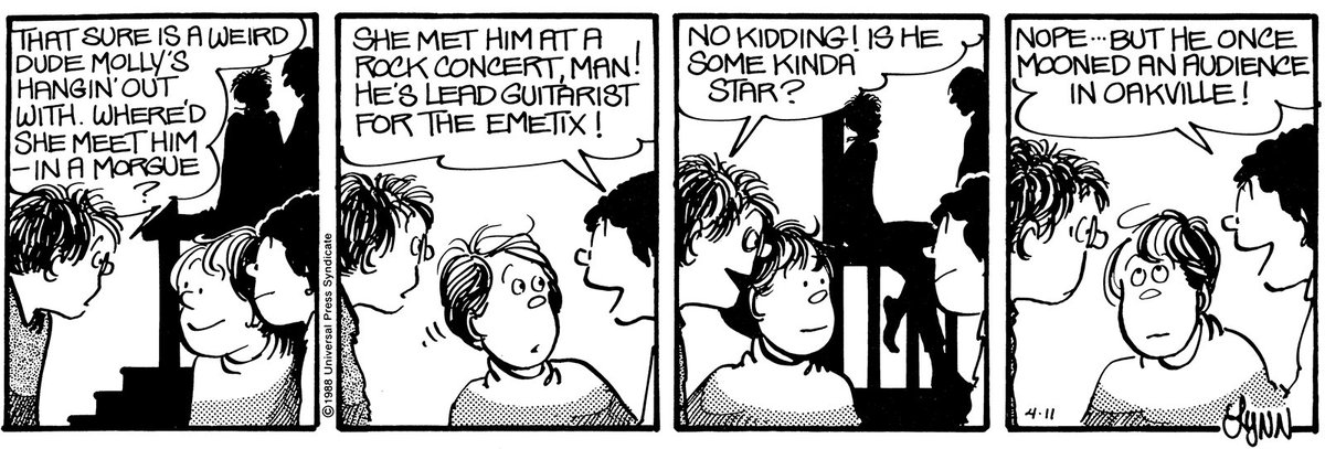 Michael's friend, Lawrence, had two step-sisters. Molly was the wilder of the two, and she gave the kids a lot to talk about. 

#musicians #guitarists #lynnjohnston #funnycomics