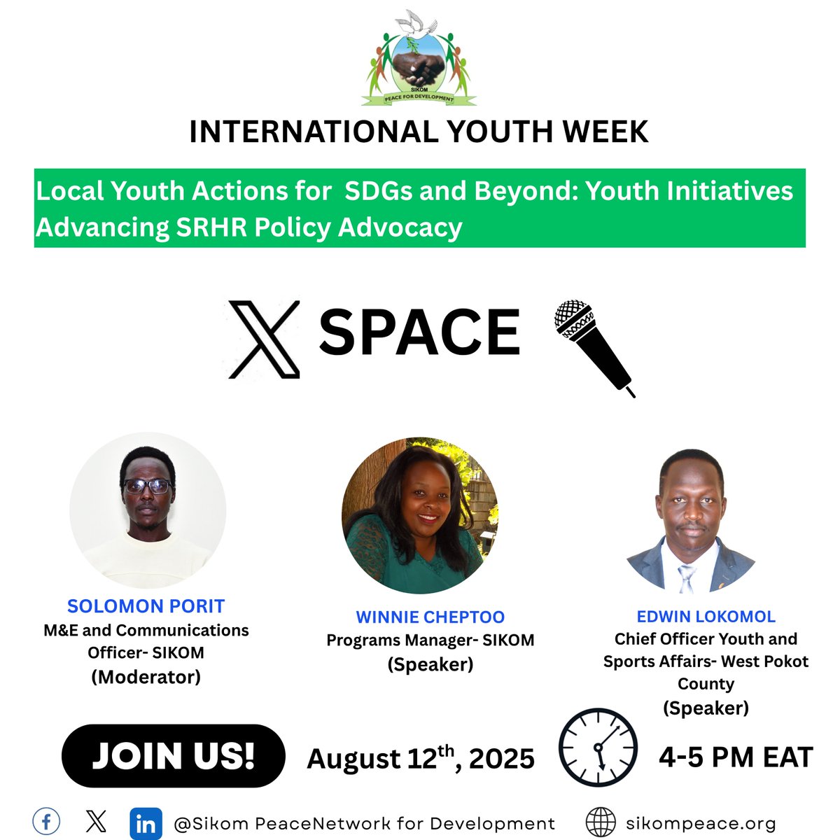 Sikompeace1's tweet photo. Join Us tomorrow live on X ! The International Youth DAY  #IYD2025 we will share youth led approaches for advancing SRHR Policy Advocacy.
Tuesday, 12th August 2025 https://t.co/HX4MAgNqIt https://t.co/PteN2BvBBB