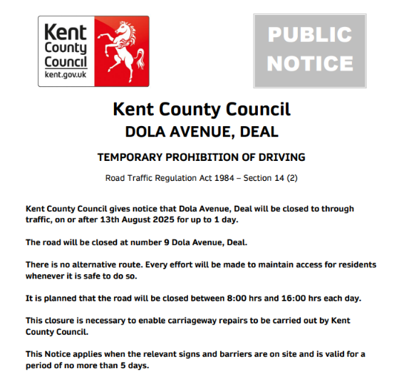 Deal, Dola Avenue: Will be closed on 13th August (08:00-16:00) at number 9 Dola Avenue to enable carriageway repairs to be carried out by Kent County Council.: moorl.uk/?zfdgxg