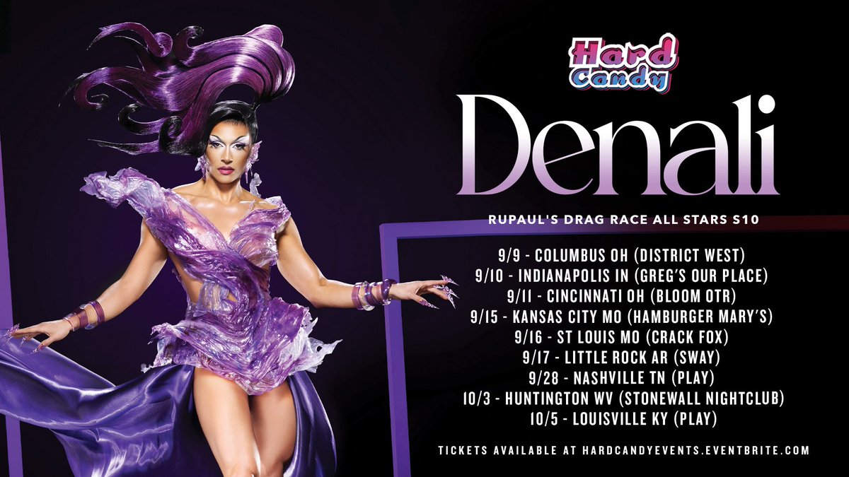Hard Candy Events (@hardcandyky) on Twitter photo New tour with All Stars 10’s <a href="/denalifox/">❄️Denali❄️</a> ! 9/9 - Columbus OH, 9/10 - Indianapolis IN, 9/11 - Cincinnati OH, 9/15 - Kansas City MO, 9/16 - St Louis MO, 9/17 - Little Rock AR, 9/28 - Nashville TN, 10/3 - Huntington WV, 10/5 - Louisville KY. Tix: hardcandyevents.eventbrite.com New tour with All Stars 10’s <a href="/denalifox/">❄️Denali❄️</a> ! 9/9 - Columbus OH, 9/10 - Indianapolis IN, 9/11 - Cincinnati OH, 9/15 - Kansas City MO, 9/16 - St Louis MO, 9/17 - Little Rock AR, 9/28 - Nashville TN, 10/3 - Huntington WV, 10/5 - Louisville KY. Tix: hardcandyevents.eventbrite.com