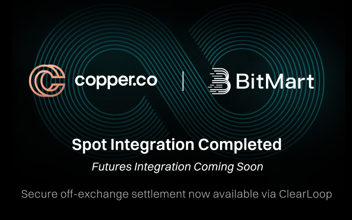 BitMartExchange's tweet photo. 🚨 It’s official: 
#BitMart has completed Spot Integration with @CopperHQ’s ClearLoop network!

Institutional clients can now trade on BitMart while assets remain in secure custody with #Copper — enabling off-exchange settlement. 

#ClearLoop #CryptoTrading #Institutional https://t.co/LBACLX5zWm