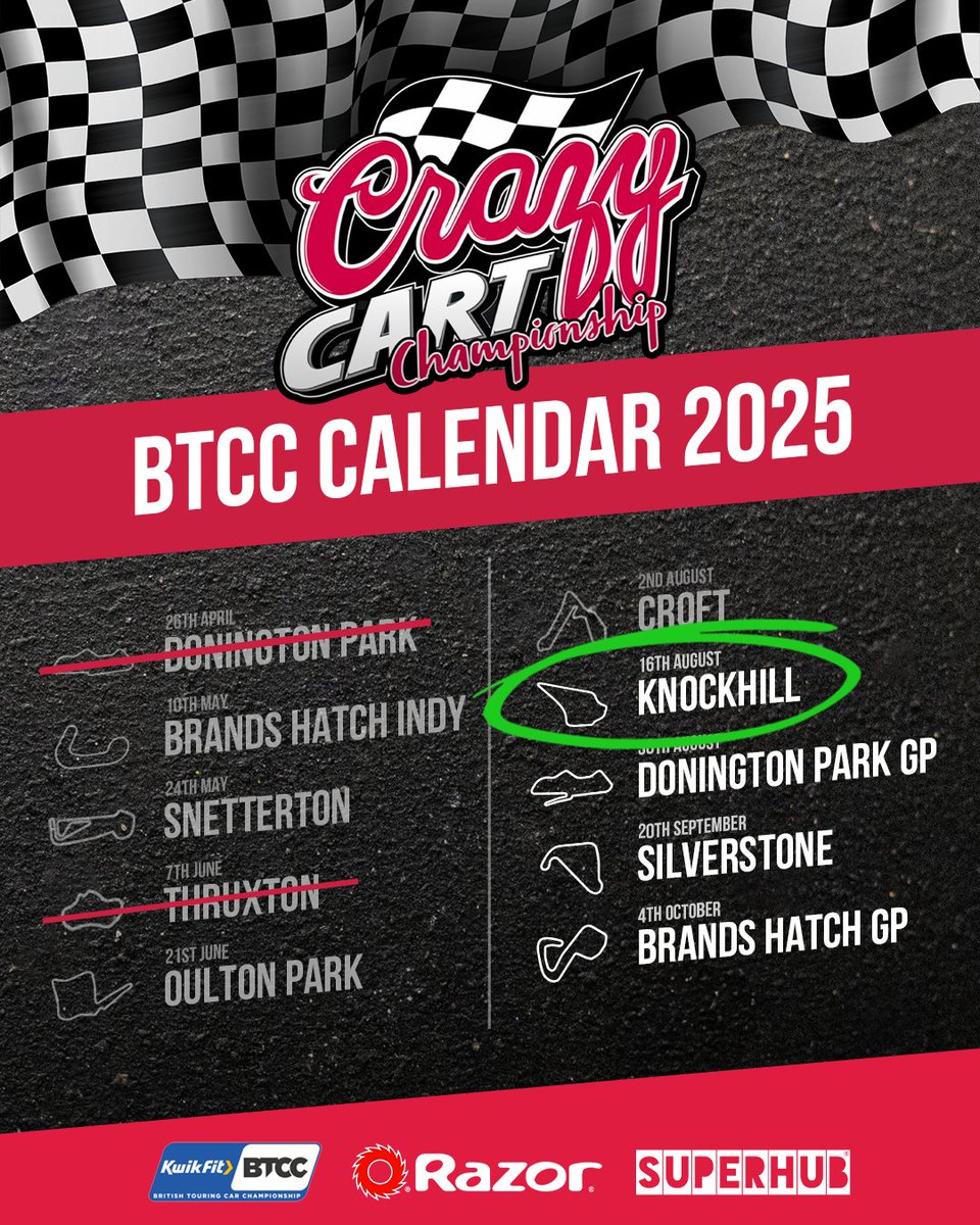 Buckle up! The second half of the 2025 Crazy Cart Championship is roaring in! Our favourite track is up next, Knockhill! With its very own Karting track... 👀 
 
Which circuit has you buzzing the most? 🏁 🏁
 
#CrazyCartChampionship #BTCC #Superhub #Razor #Croft #Knockhill
